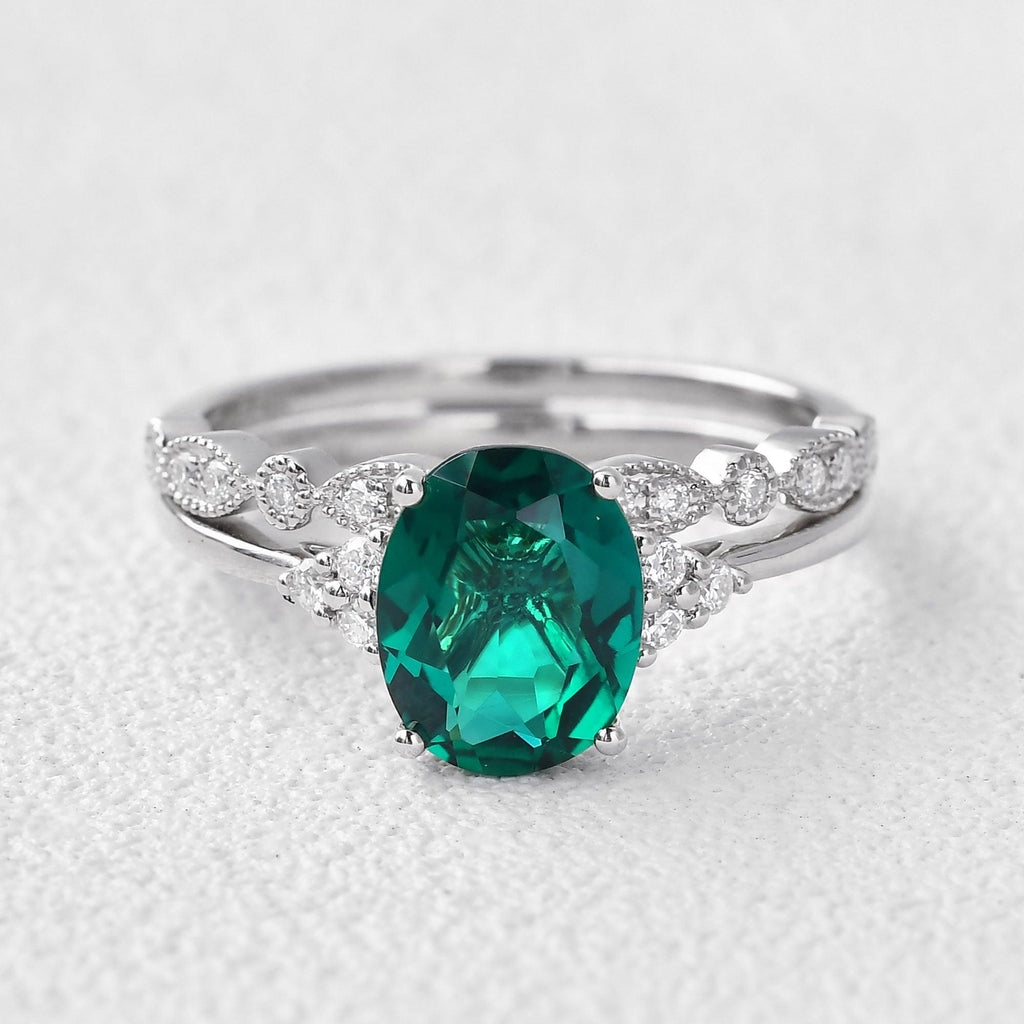 2ct Lab Emerald Oval Cut Yellow Gold Ring Set 2pcs - Felicegals 丨Wedding ring 丨Fashion ring 丨Diamond ring 丨Gemstone ring