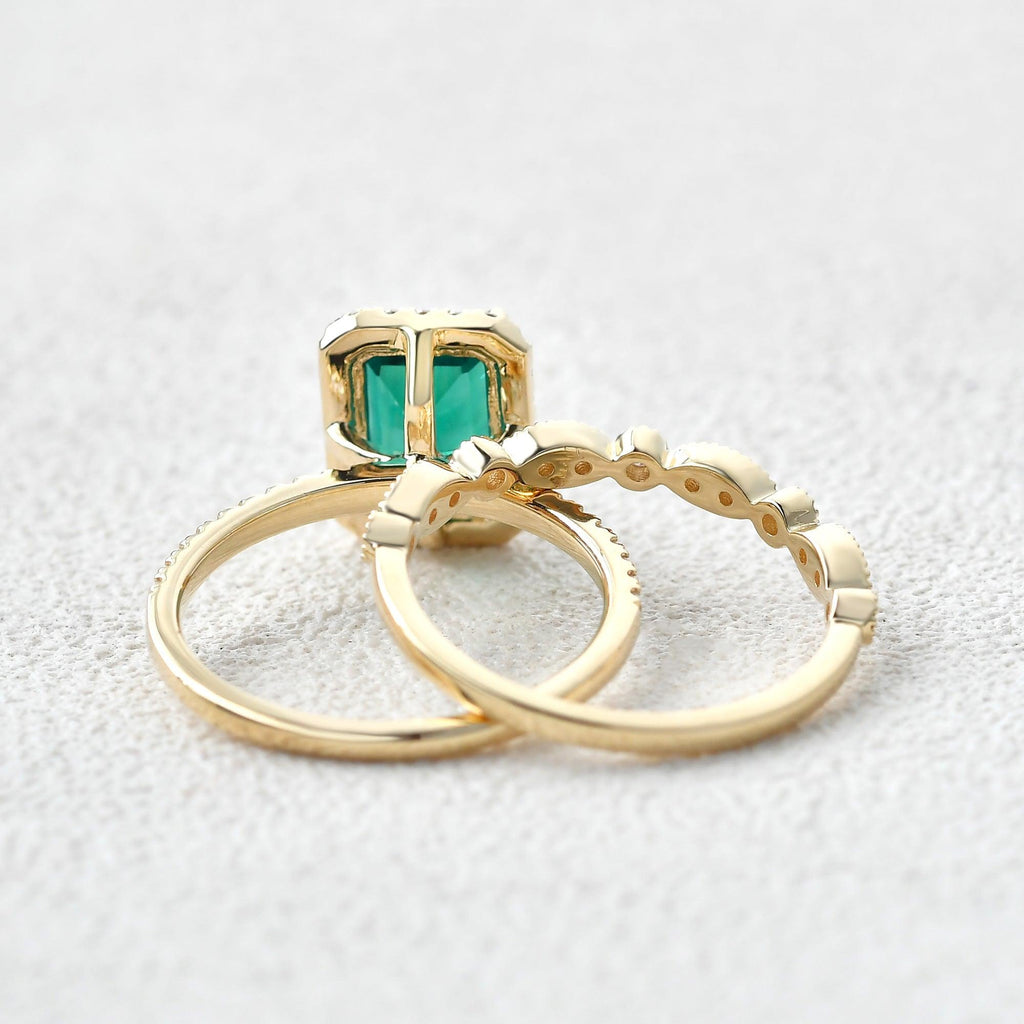 Emerald & Moissanite Halo Gold Ring Set 2pcs - Felicegals 丨Wedding ring 丨Fashion ring 丨Diamond ring 丨Gemstone ring