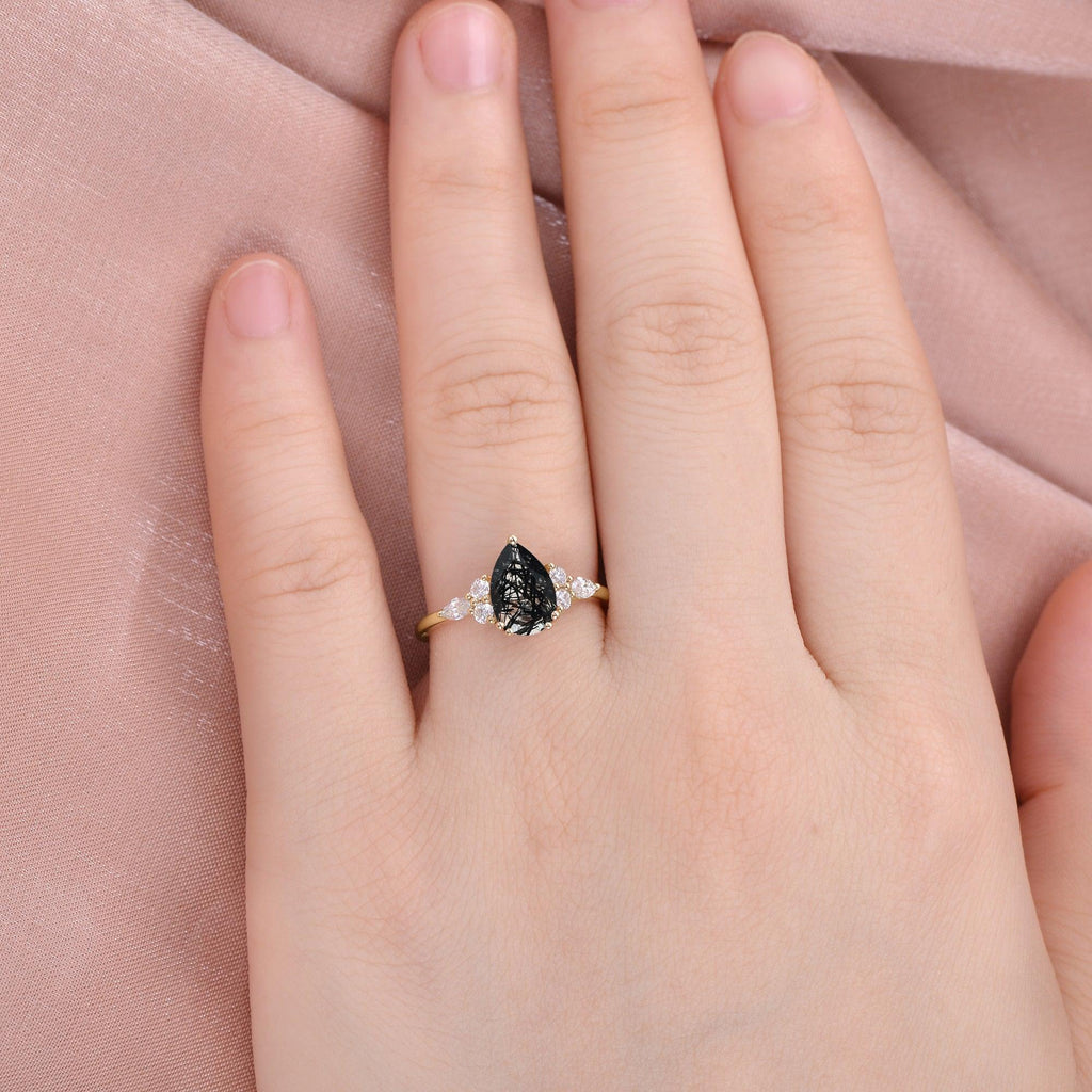 Pear Black Rutilated Quartz Vintage Ring - Felicegals 丨Wedding ring 丨Fashion ring 丨Diamond ring 丨Gemstone ring