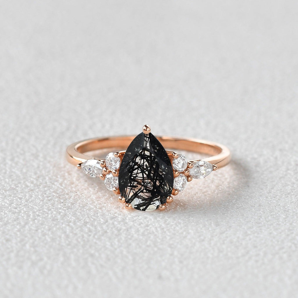 Black Quartz Rutilated Pear Cut Rose Gold Ring - Felicegals 丨Wedding ring 丨Fashion ring 丨Diamond ring 丨Gemstone ring--Felicegals