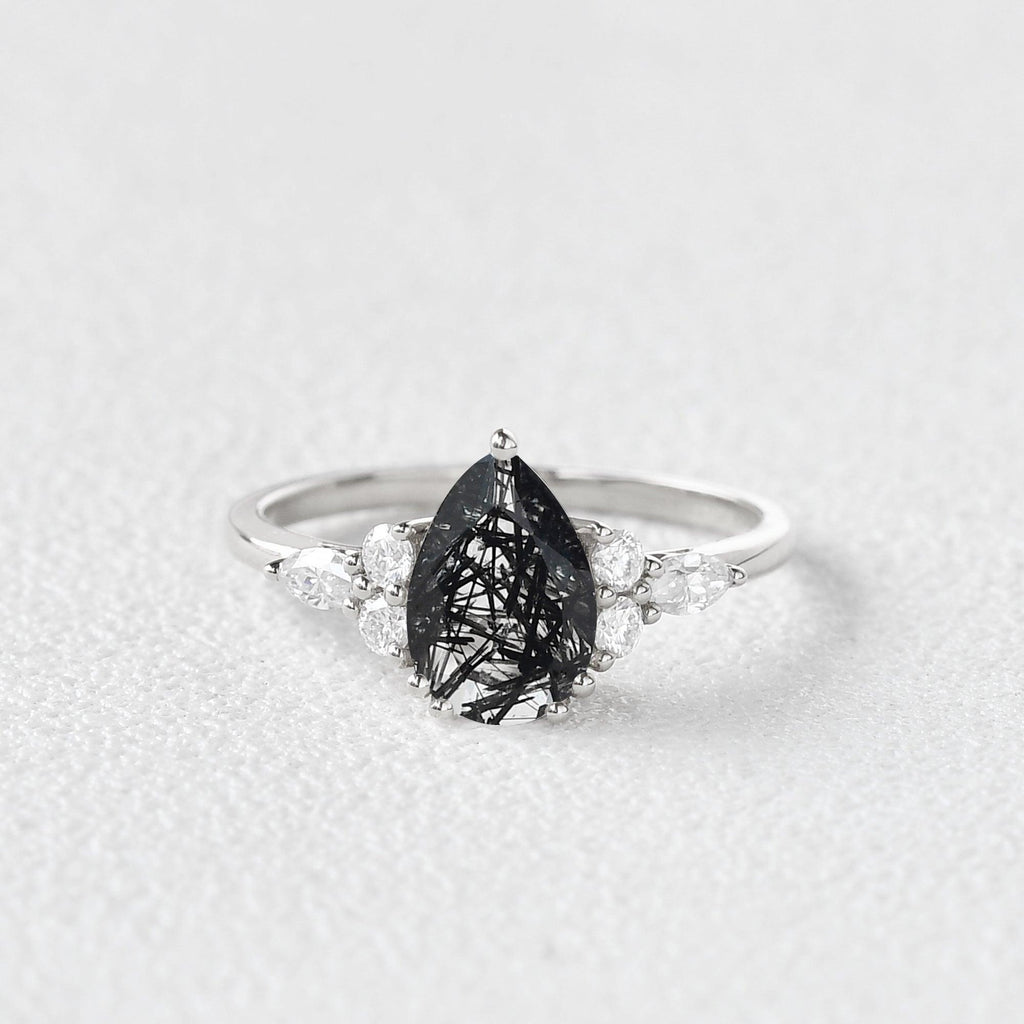 Pear Black Rutilated Quartz Engagement Ring for Women Vintage