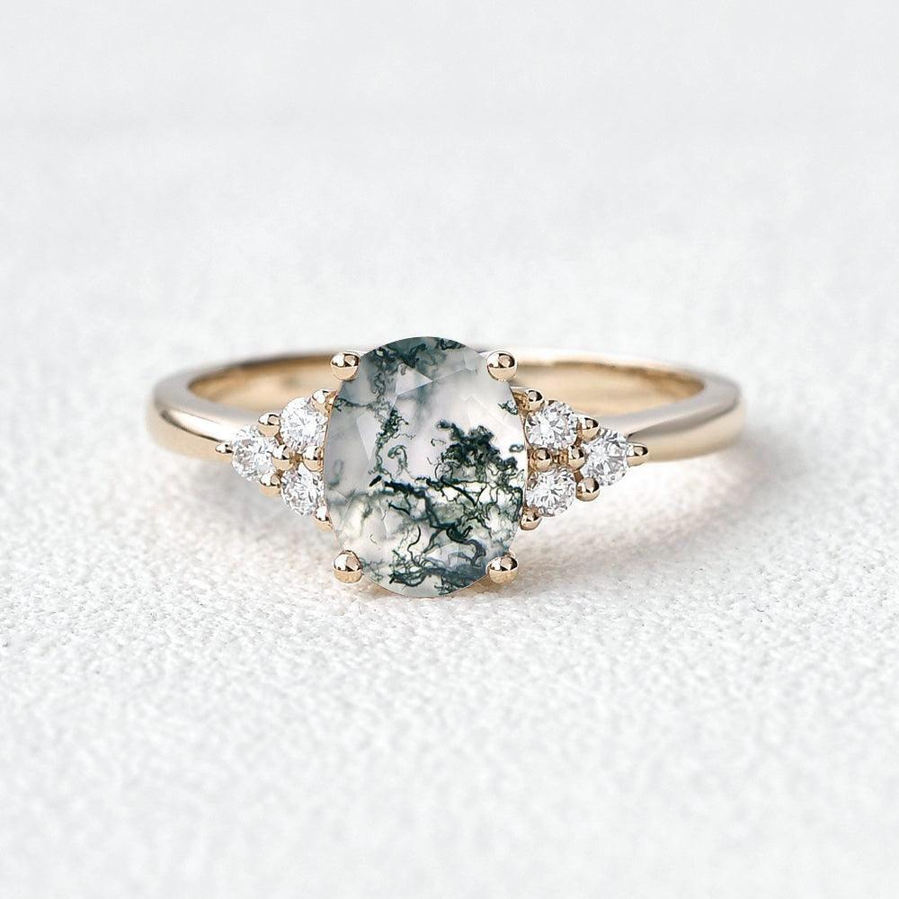 1.5ct Oval Moss Agate Classic Cluster Engagement Ring - Felicegals 丨Wedding ring 丨Fashion ring 丨Diamond ring 丨Gemstone ring