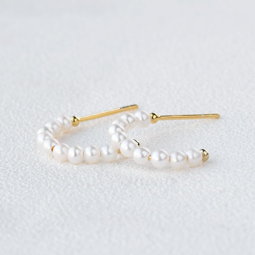 Solid Gold Simple Pearl Huggie Hoops Earrings - Felicegals