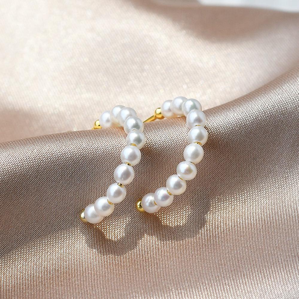 Solid Gold Simple Pearl Huggie Hoops Earrings - Felicegals