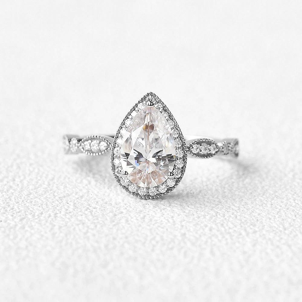 1.5ct Pear Cut Halo Colorless Moissanite Ring - Felicegals