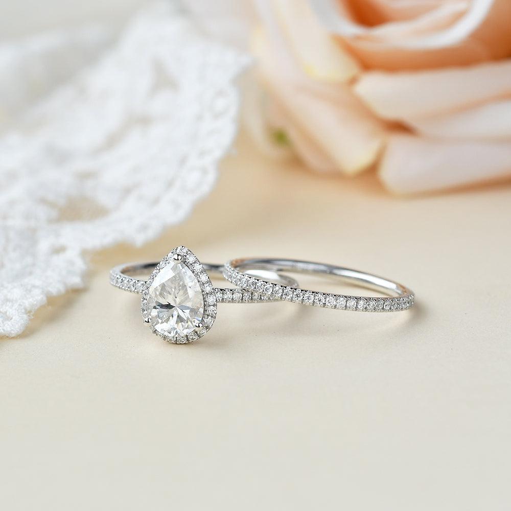 1.2ct Pear Shaped Moissanite White Gold Ring Set 2pcs - Felicegals 丨Wedding ring 丨Fashion ring 丨Diamond ring 丨Gemstone ring--Jewelry Is Forever