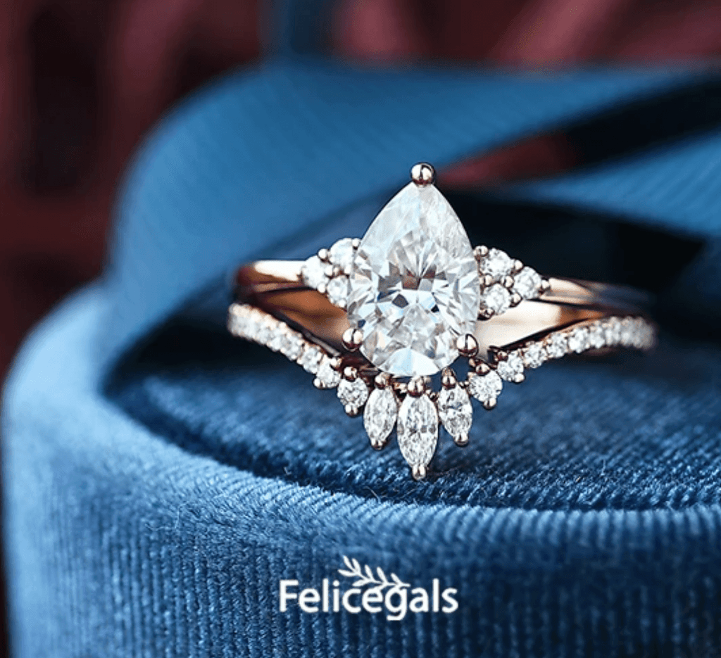 Custom ring for angela / Pear Shaped Moissanite Rose Gold Ring Set 2pcs / US 13.5 / 14K Rose Gold - Felicegals 丨Wedding ring 丨Fashion ring 丨Diamond ring 丨Gemstone ring--Felicegals