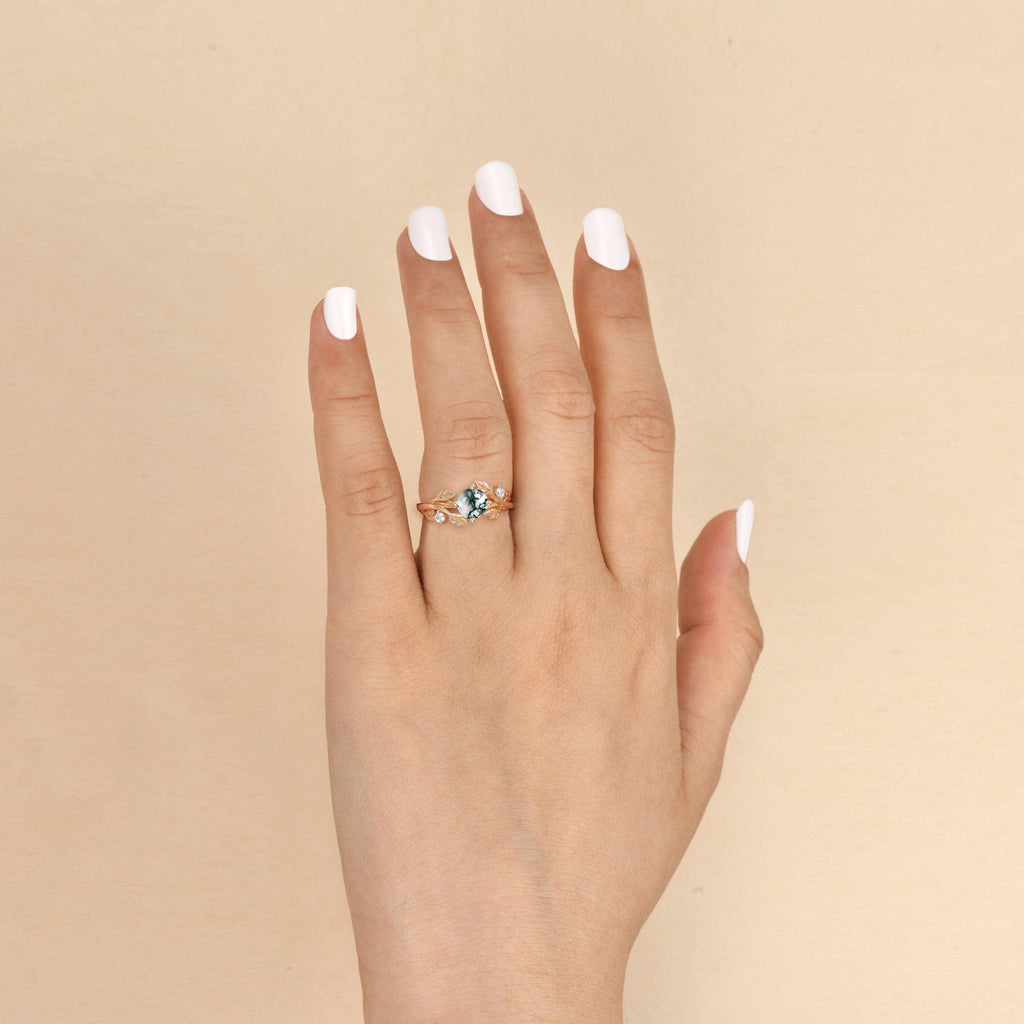 Round Shaped Leaf Moss Agate Engagement Ring - Felicegals 丨Wedding ring 丨Fashion ring 丨Diamond ring 丨Gemstone ring