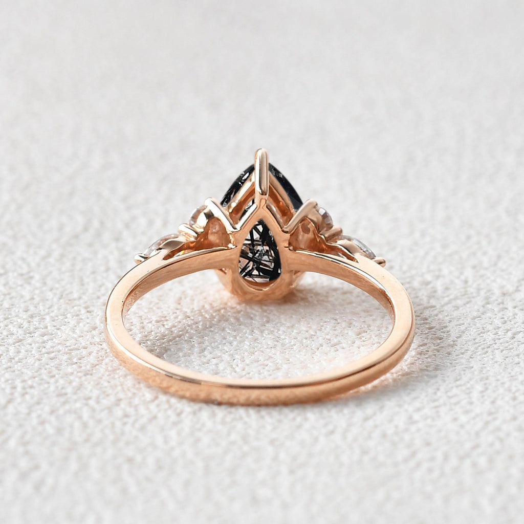 Black Quartz Rutilated Pear Cut Rose Gold Ring - Felicegals 丨Wedding ring 丨Fashion ring 丨Diamond ring 丨Gemstone ring--Felicegals