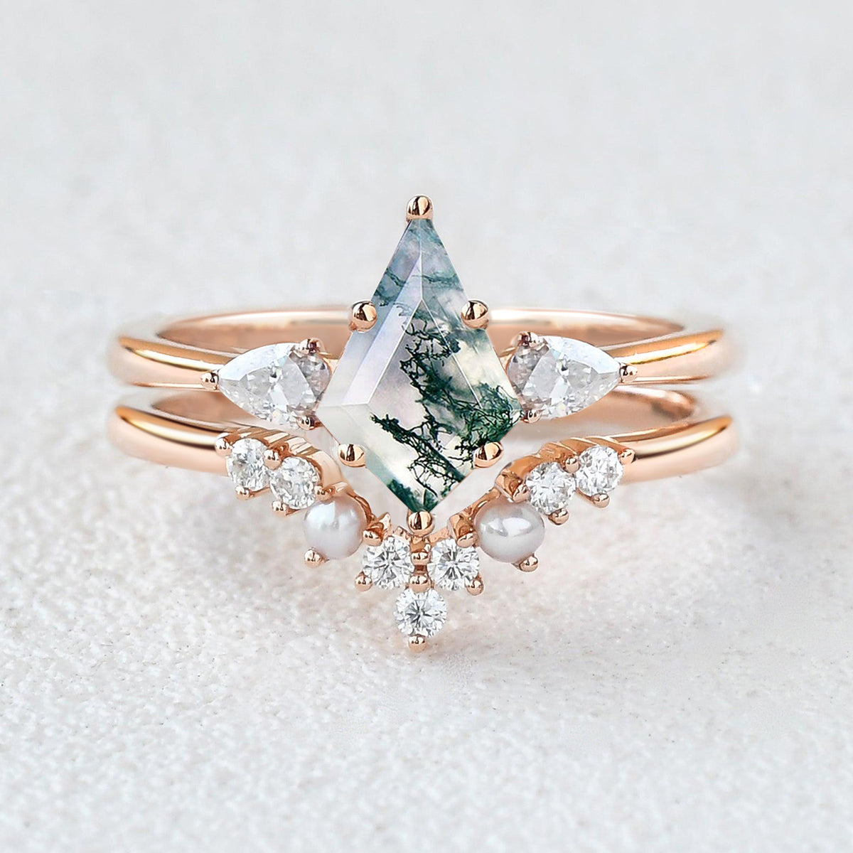 Kite Cut Moss Agate Pearl Stacking Engagement Ring Set 2pcs – Felicegals