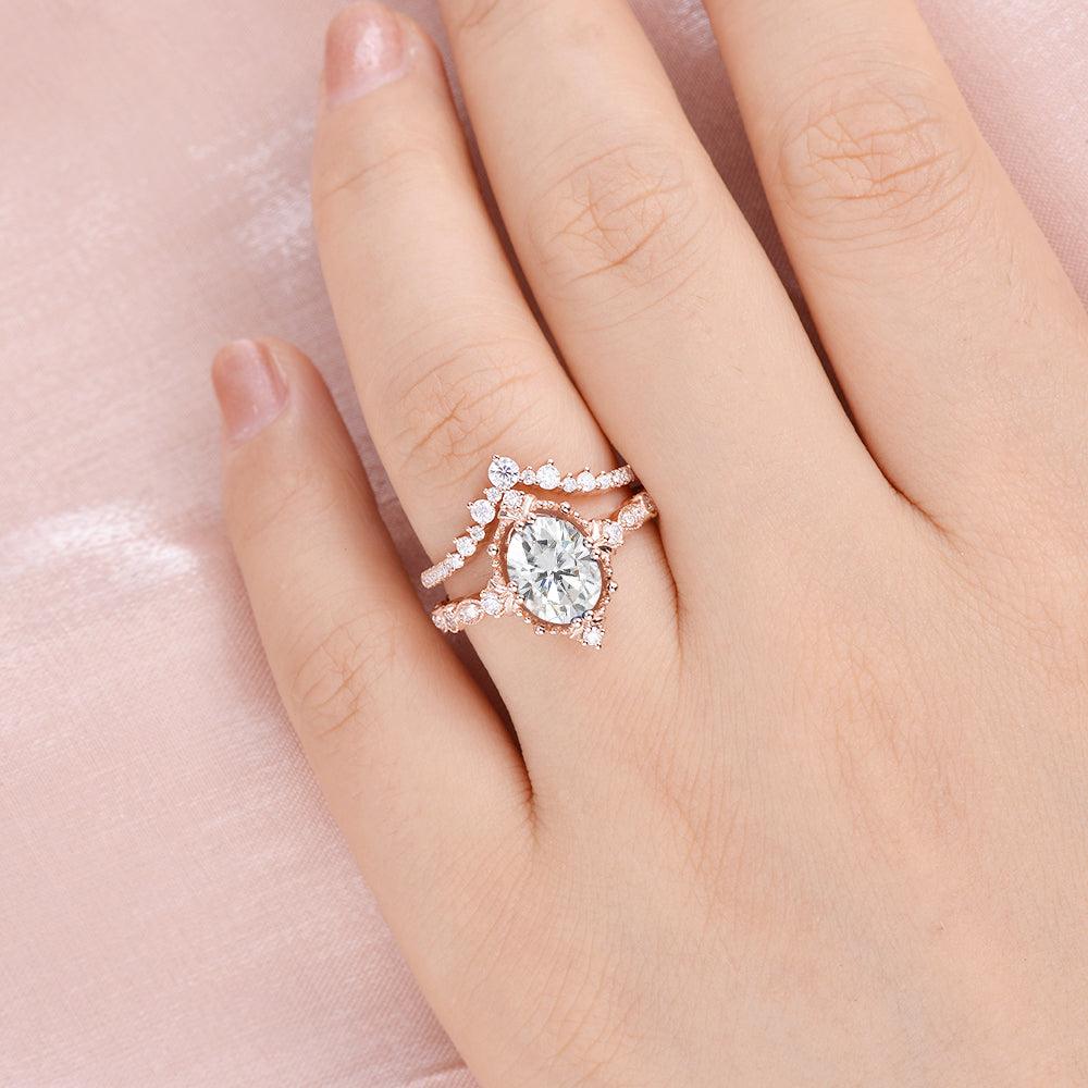 Oval Cut Moissanite Art Deco Ring Set 2pcs - Felicegals 丨Wedding ring 丨Fashion ring 丨Diamond ring 丨Gemstone ring--Felicegals