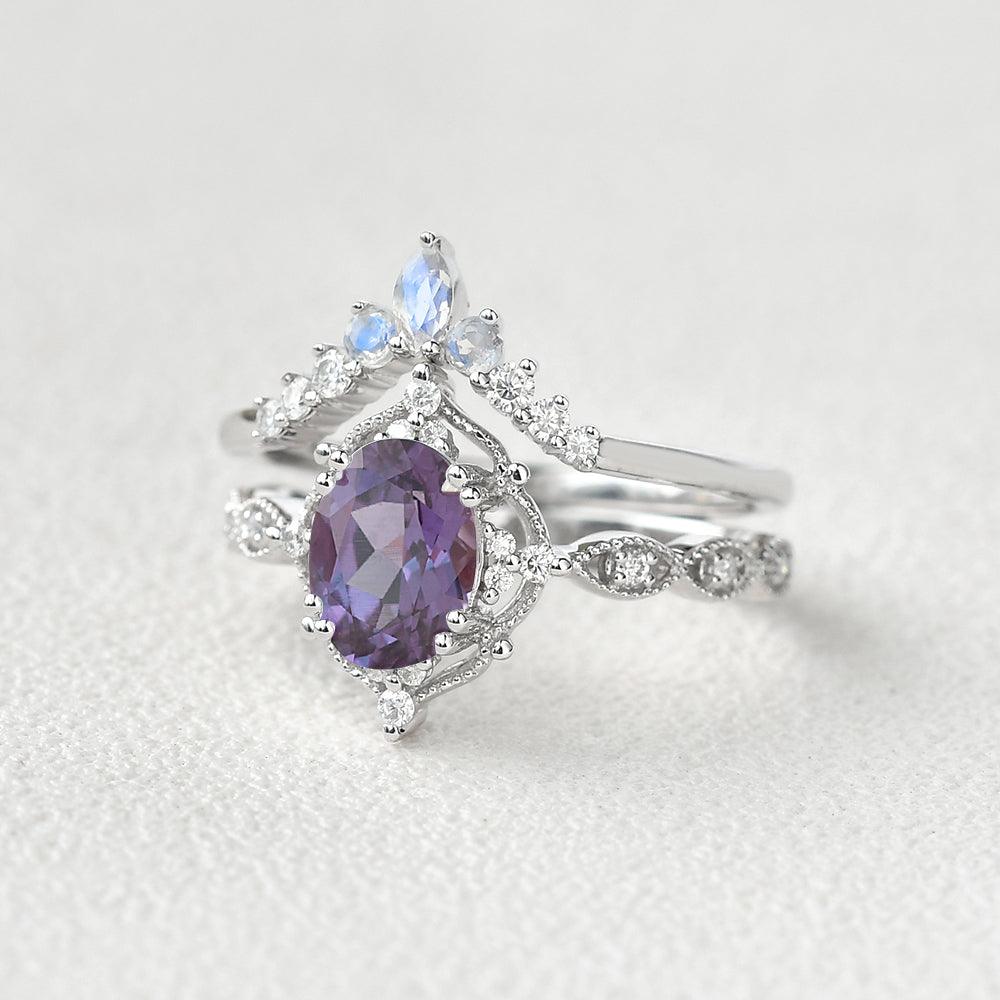 Alexandrite & Moonstone Vintage Inspired Ring Set 2pcs - Felicegals 丨Wedding ring 丨Fashion ring 丨Diamond ring 丨Gemstone ring--Felicegals